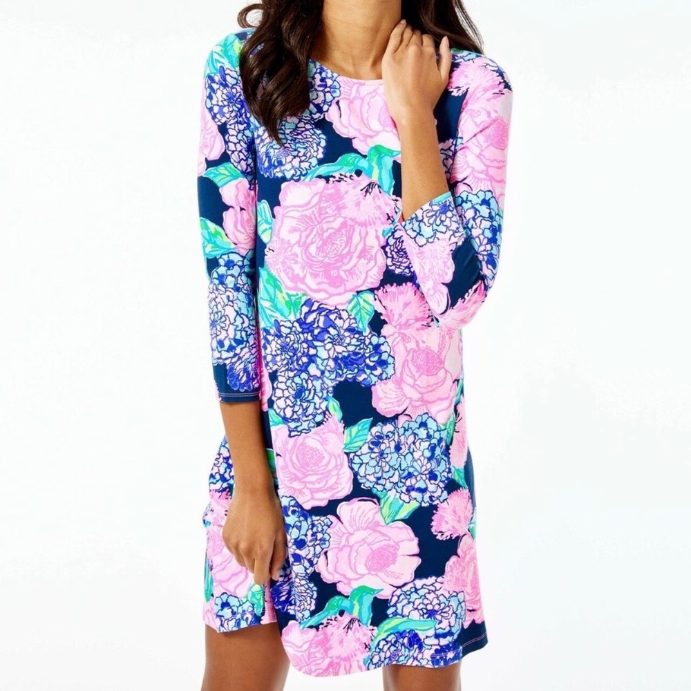 Lilly Pulitzer Navy Floral Shift Dress with Pink Blooms